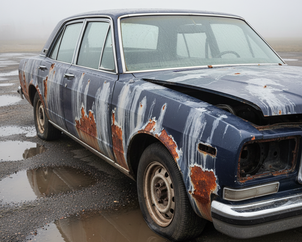 Exemple de véhicule avant l’application de H2Off. Découvrez l’efficacité du lavage sans eau face à la saleté, la rouille et les taches tenaces, sans abîmer la peinture.