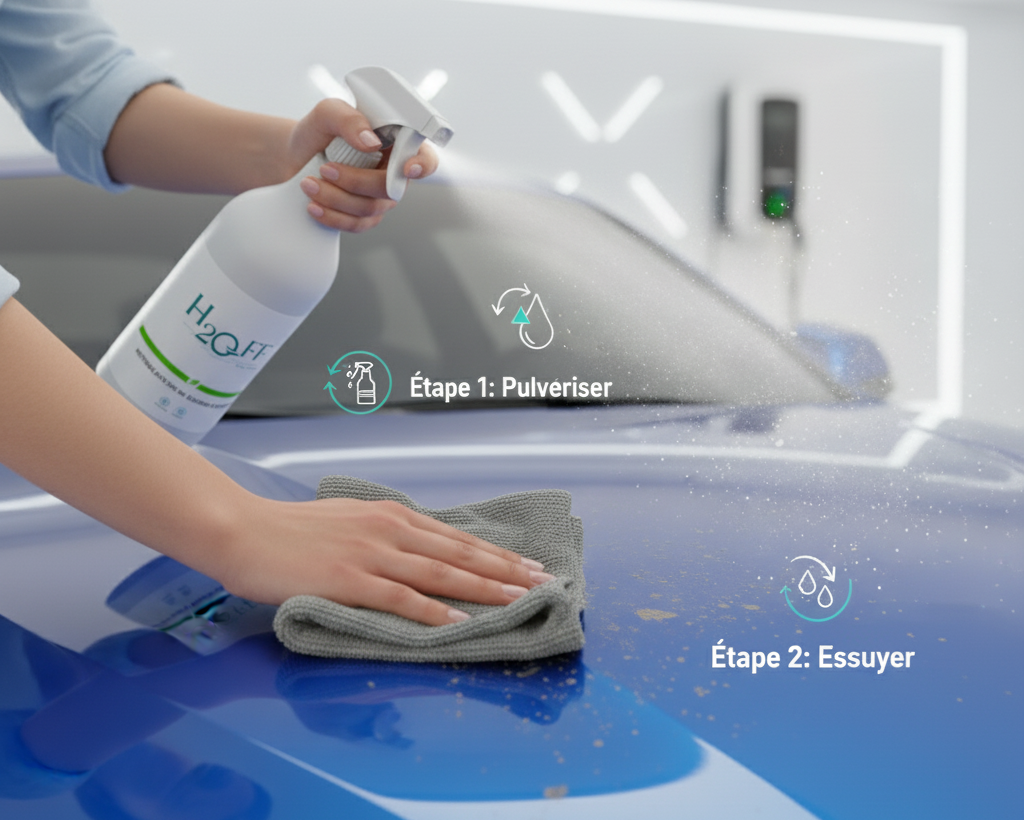 Utilisation du produit H2Off – Pulvérisation et nettoyage sans eau sur carrosserie automobile
